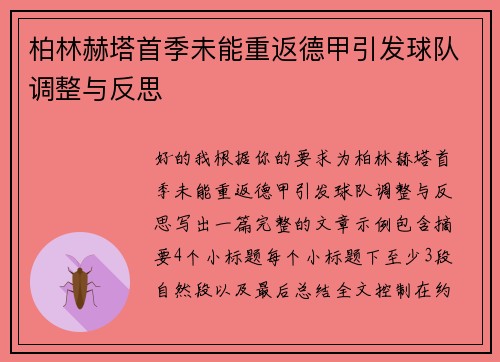 柏林赫塔首季未能重返德甲引发球队调整与反思